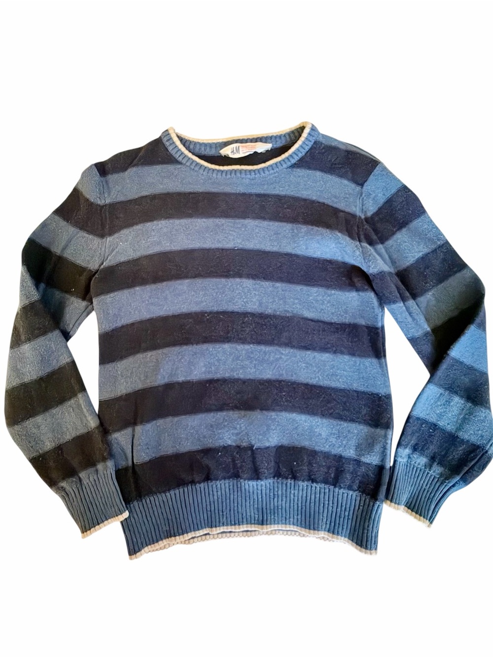 H&M Kids Boys Crewnick Slate Blue Knit Striped Long Sleeved Sweater Size 6-8Y